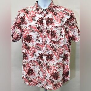 HUNTINGTON Men’s white and salmon Hawaiian‎ print shirt size L.